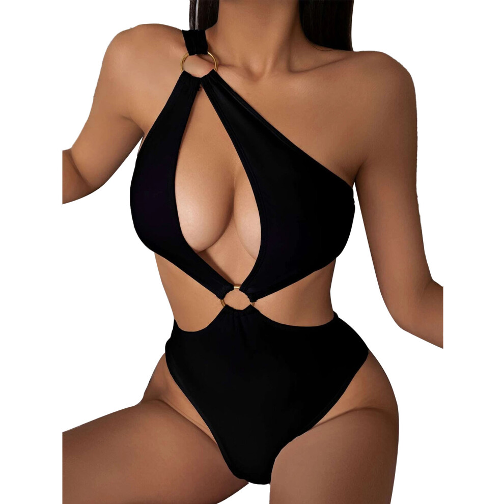 (Black L) Underwire Triangle Swimsuit One Shoulder Sport Bikini White S-image-OPC-PMKZXKZ-NEW