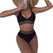 (Black XL) Halter Two Piece Swimwear Leopard Print M