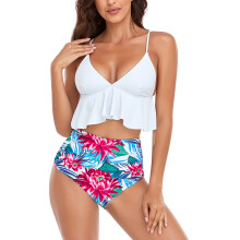 (White M) V Neck Printed Bikini High Waisted Two Piece Bathing Suit Black XXL