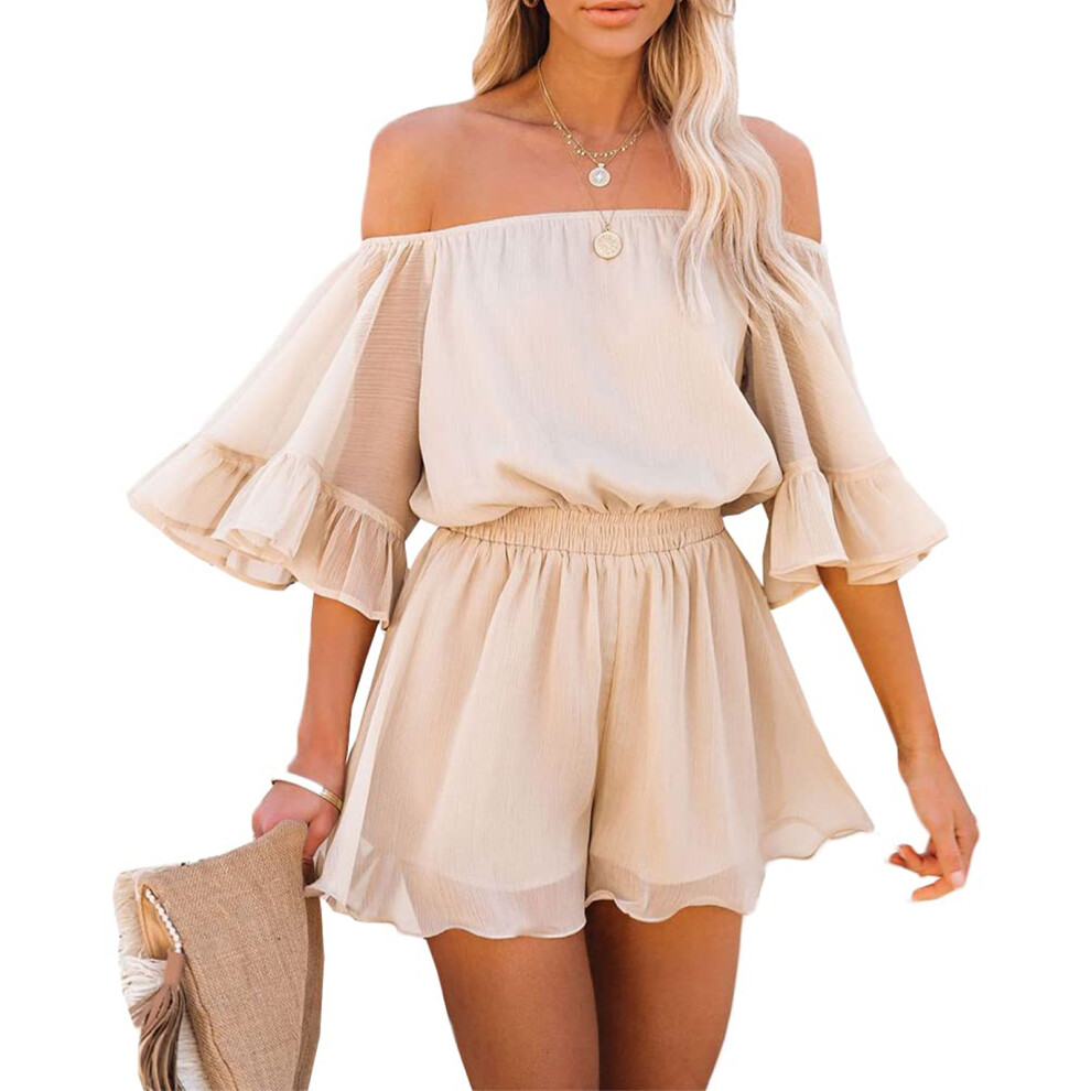 (Apricot M) Off Shoulder Ruffle Sleeve Chiffon Romper White XL-image-OPC-PMKZXZF-NEW