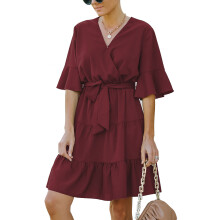 (Wine Red S) Tiered Tie Waist V Neck Loose Short Sleeve Colored Dress Wine Red S