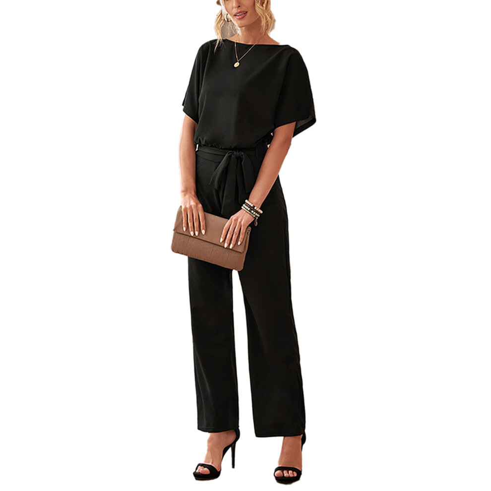 (Black XL) Summer Jumpsuit Round Collar High Waisted Wide Leg Belt Khaki M-image-OPC-PMKZYGD-NEW