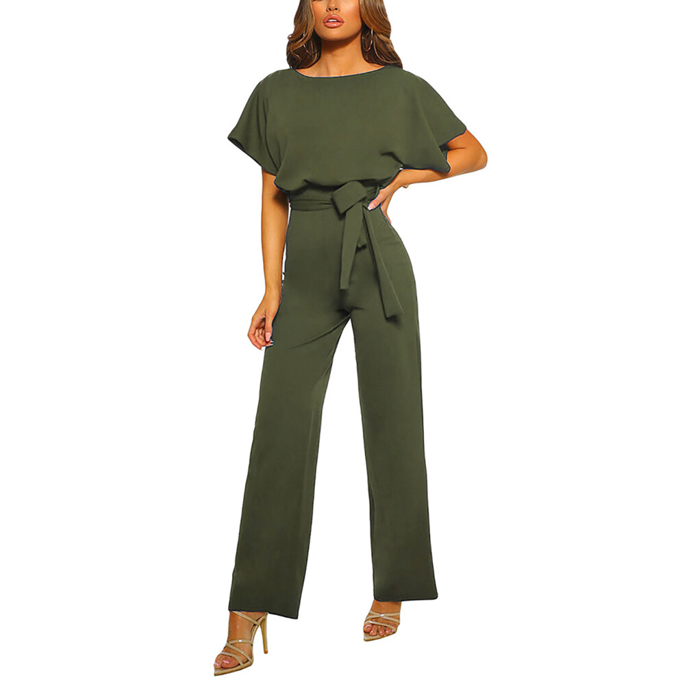 (LC64520 Green XL) Summer Jumpsuit Round Collar High Waisted Wide Leg Belt Khaki M-image-OPC-PMKZYHD-NEW
