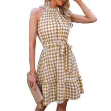 (Khaki XL) Halter Plaid Dress Ruffle Flowy Hem Key Hole Back High Waist Pink M