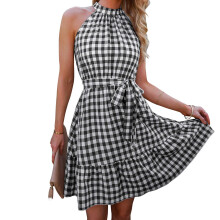 (Black L) Halter Plaid Dress Ruffle Flowy Hem Key Hole Back High Waist Pink M