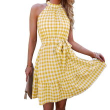 (Yellow S) Halter Plaid Dress Ruffle Flowy Hem Key Hole Back High Waist Pink M