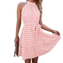 (Pink M) Halter Plaid Dress Ruffle Flowy Hem Key Hole Back High Waist Pink M