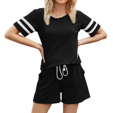 (Black XL) Women Pajamas Set Short Sleeve Top Drawstring Shorts Summer Black M