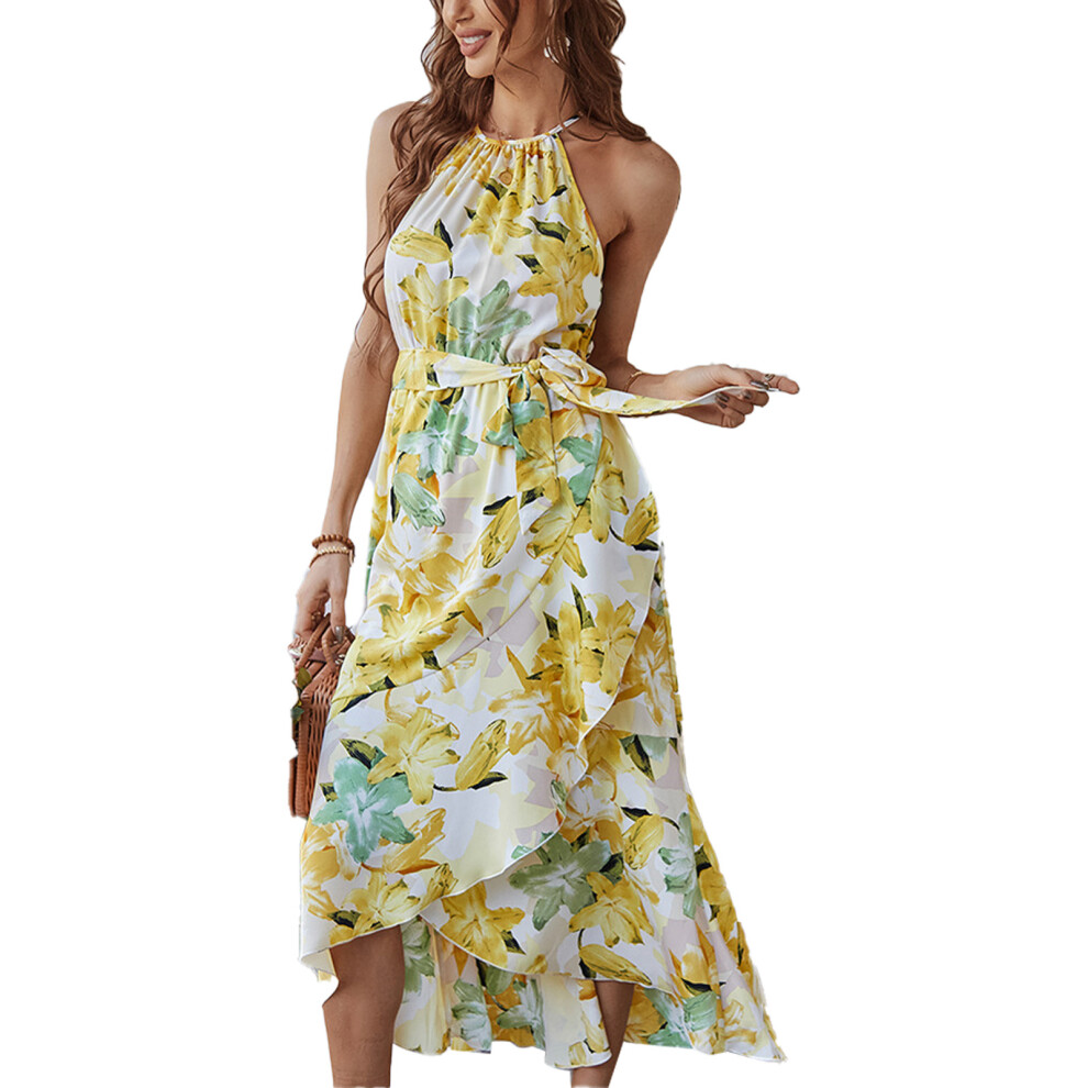 (Yellow L) Floral Print Dress Polyester Lace Up Sleeveless Ruffled Hem Yellow XL-image-OPC-PMKZYTF-NEW