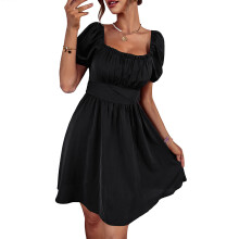 (Black S) Ruched Frill Trim Tie Back Puff Sleeve A Line Black Short Dress S
