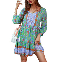 (Green S) V Neck Floral Dress Loose Waist Ruffle Cuff Tassel Yellow M