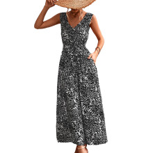 (Black M) Summer V Neck Belted High Waist Printed Dress Orange Red M