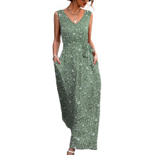 (Green S) Summer V Neck Belted High Waist Printed Dress Orange Red M