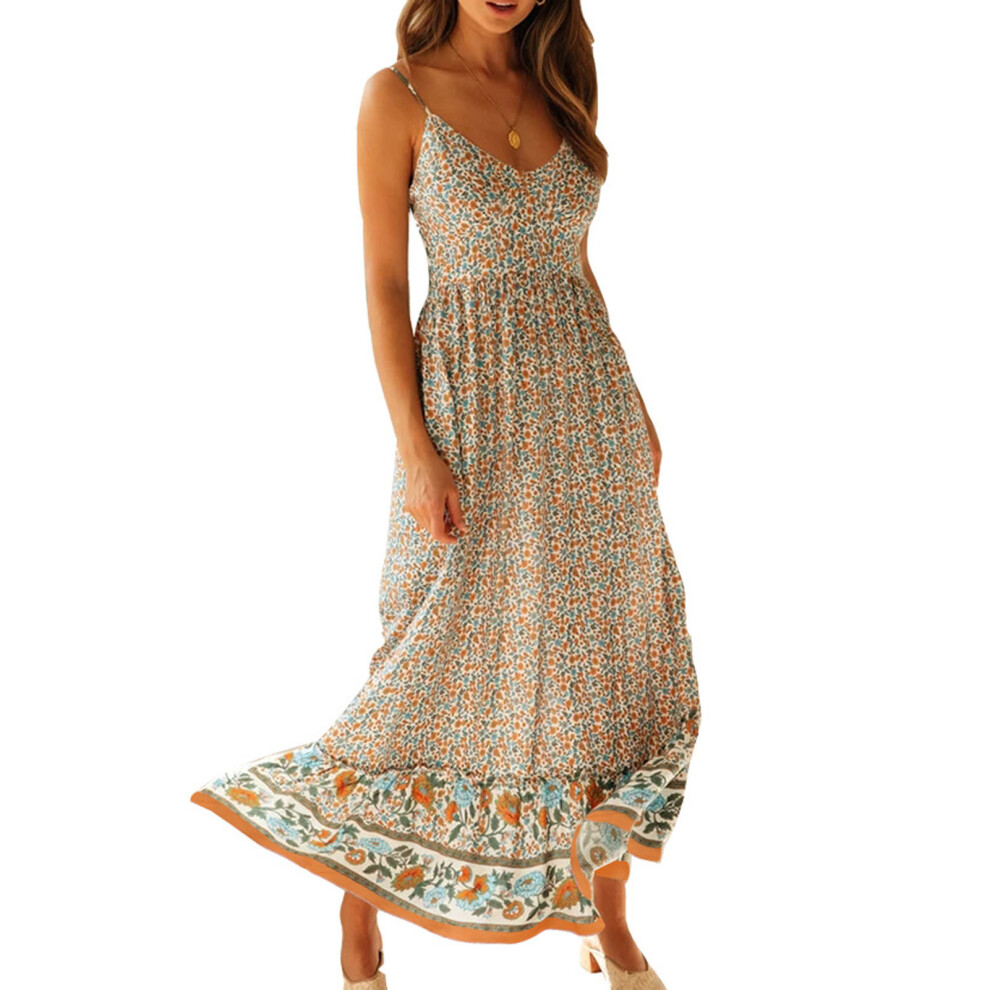 (Beige M) Women V Neck Floral Dress Midi Elastic Waist Spaghetti Strap Beige M-image-OPC-PMKZZMX-NEW