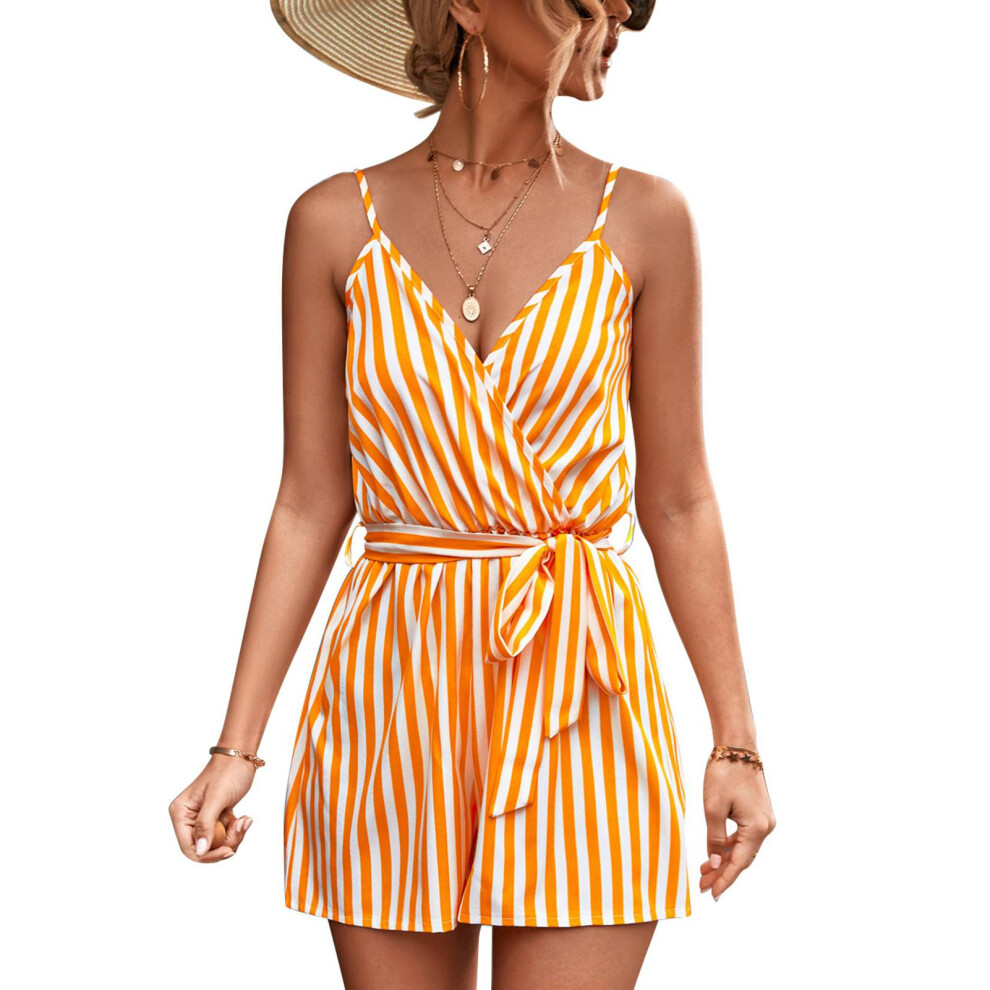 (Yellow XL) Striped Rompers Tie Waist Cross V Neck Loose Summer-image-OPC-PMKZZRT-NEW