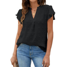 (Black L) V Neck Ruffle Dotted Blouse