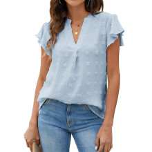 (Blue M) V Neck Ruffle Dotted Blouse