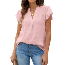 (Pink L) V Neck Ruffle Dotted Blouse