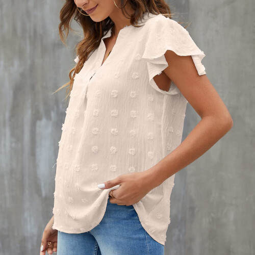 (Apricot M) V Neck Ruffle Dotted Blouse 2
