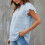 (Blue L) V Neck Ruffle Dotted Blouse 3