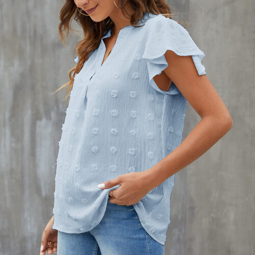 (Blue M) V Neck Ruffle Dotted Blouse 2