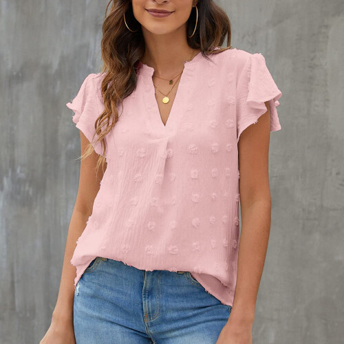 (Pink S) V Neck Ruffle Dotted Blouse 1