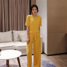 (Yellow Free Size for 80‑135kg) Ice Silk Pajama Women Short Sleeve Soft Breathable Free Size Apricot
