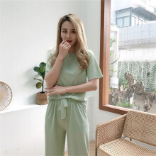 (Green Free Size for 80‑135kg) Ice Silk Pajama Women Short Sleeve Soft Breathable Free Size Apricot