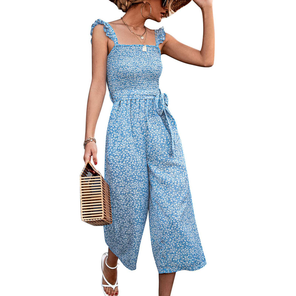 (Blue XL) Women Summer Jumpsuit Shirred Waist 2 Pockets Wide Leg Floral Romper-image-OPC-PMM22BB-NEW