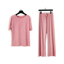 (Pink Free Size for 80‑135kg) Ice Silk Pajama Women Short Sleeve Soft Breathable Free Size Apricot