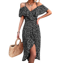 (Black S) Floral Ruffle Sleeve V Neck Belted Long Slip Dress Red S