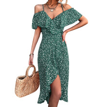 (Green L) Floral Ruffle Sleeve V Neck Belted Long Slip Dress Red S
