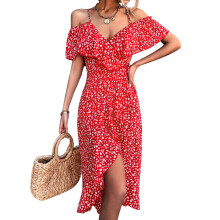 (Red M) Floral Ruffle Sleeve V Neck Belted Long Slip Dress Red S