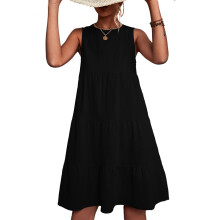 (Black XXL) Round Neck Tiered Sleeveless Solid Dress OD Green M