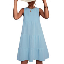 (Blue XL) Round Neck Tiered Sleeveless Solid Dress OD Green M