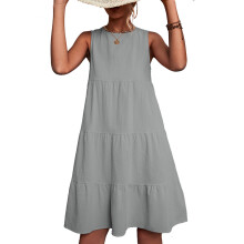 (Gray S) Round Neck Tiered Sleeveless Solid Dress OD Green M