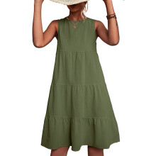 (OD Green XL) Round Neck Tiered Sleeveless Solid Dress OD Green M