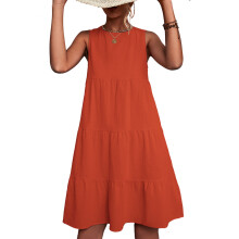 (Orange XL) Round Neck Tiered Sleeveless Solid Dress OD Green M