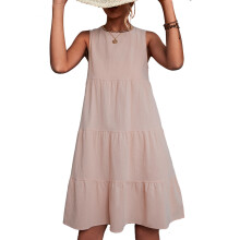 (Pink XL) Round Neck Tiered Sleeveless Solid Dress OD Green M
