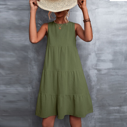 (OD Green L) Round Neck Tiered Sleeveless Solid Dress OD Green M 1