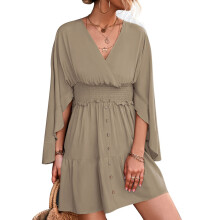 (Beige Grey M) Batwing Sleeve V Neck Hollow Back Summer Dress Beige Grey M