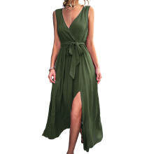 (Green S) Sleeveless V Neck High Waist Side Slit Maxi Dress Wine Red S