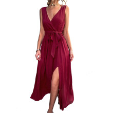 (Wine Red S) Sleeveless V Neck High Waist Side Slit Maxi Dress Wine Red S