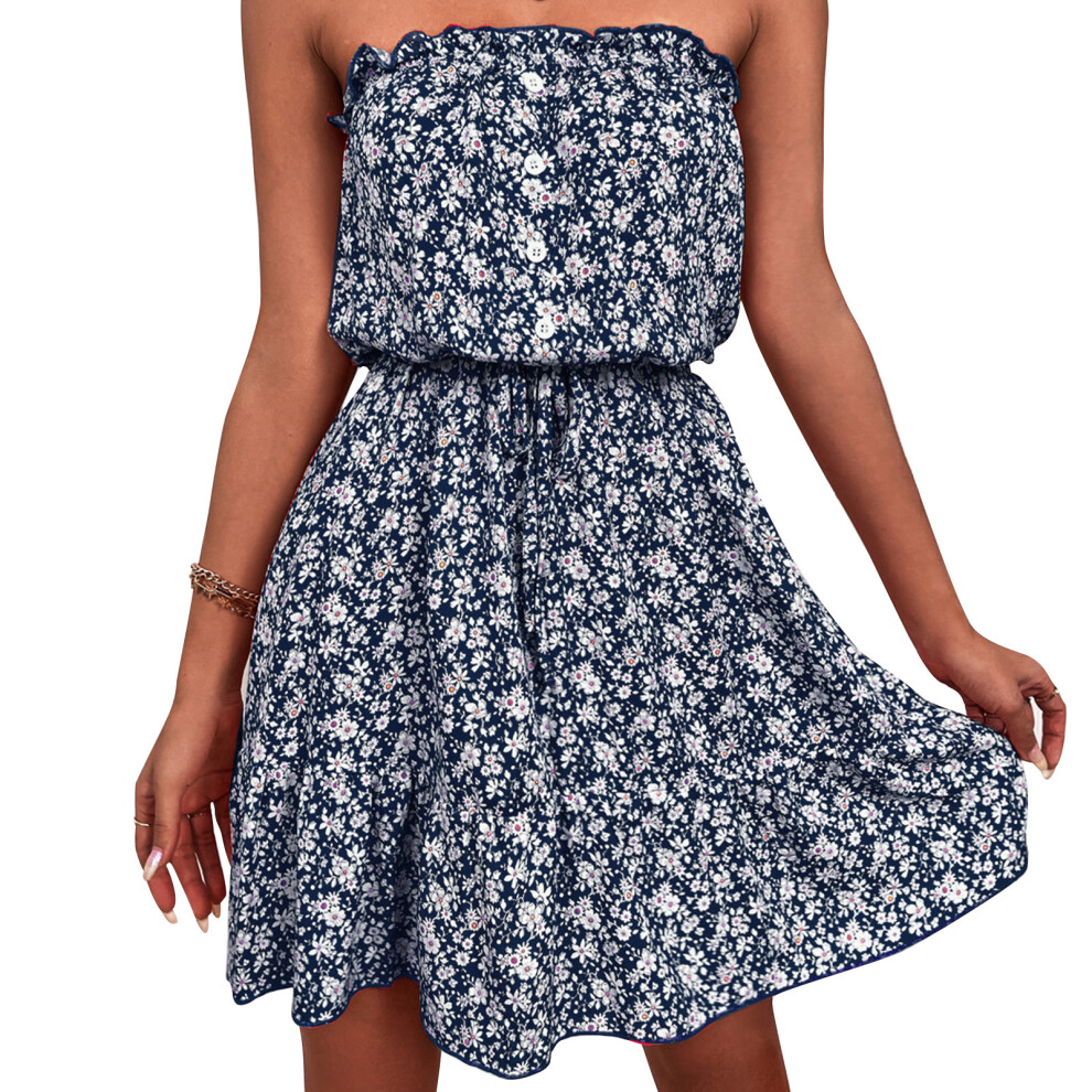 (Dark Blue L) Strapless Off Shoulder Floral Dress Summer Belted Red XL-image-OPC-PMM22XK-NEW