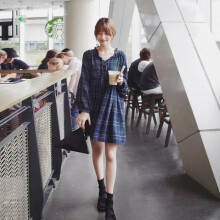 (XXXL) Long Sleeve Plaid Dress Simple Elegant Loose XXL