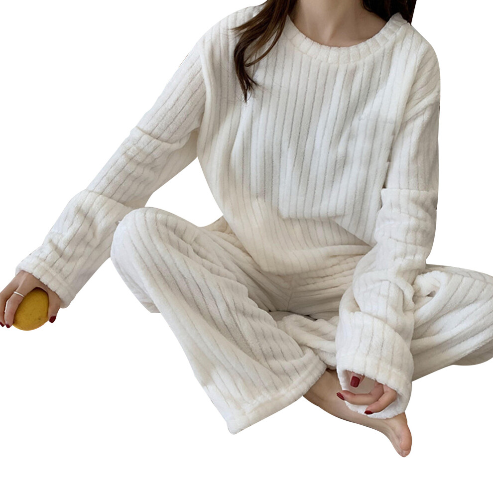 (White) Coral Fleece Pajamas Warm Flannel Nightwear Light Pink
