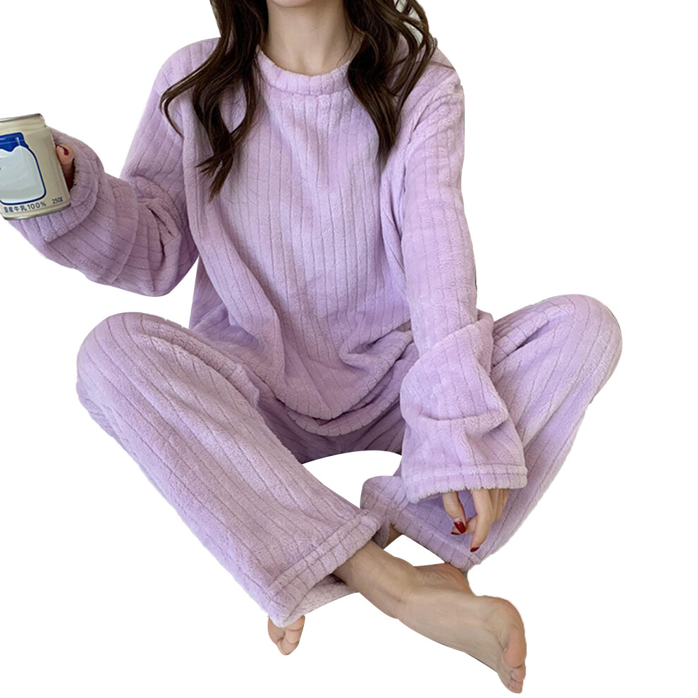 (Purple) Coral Fleece Pajamas Warm Flannel Nightwear Light Pink