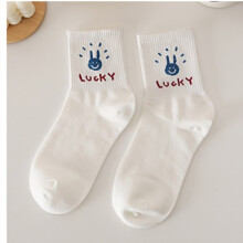(Blue Rabbit Free Size) Funny Cute Cotton Socks White Lightweight Casual Women Girl Blue Bear