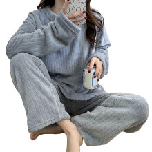 (Gray) Coral Fleece Pajamas Warm Flannel Nightwear Light Pink