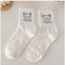 (Blue Bear Free Size) Funny Cute Cotton Socks White Lightweight Casual Women Girl Blue Bear